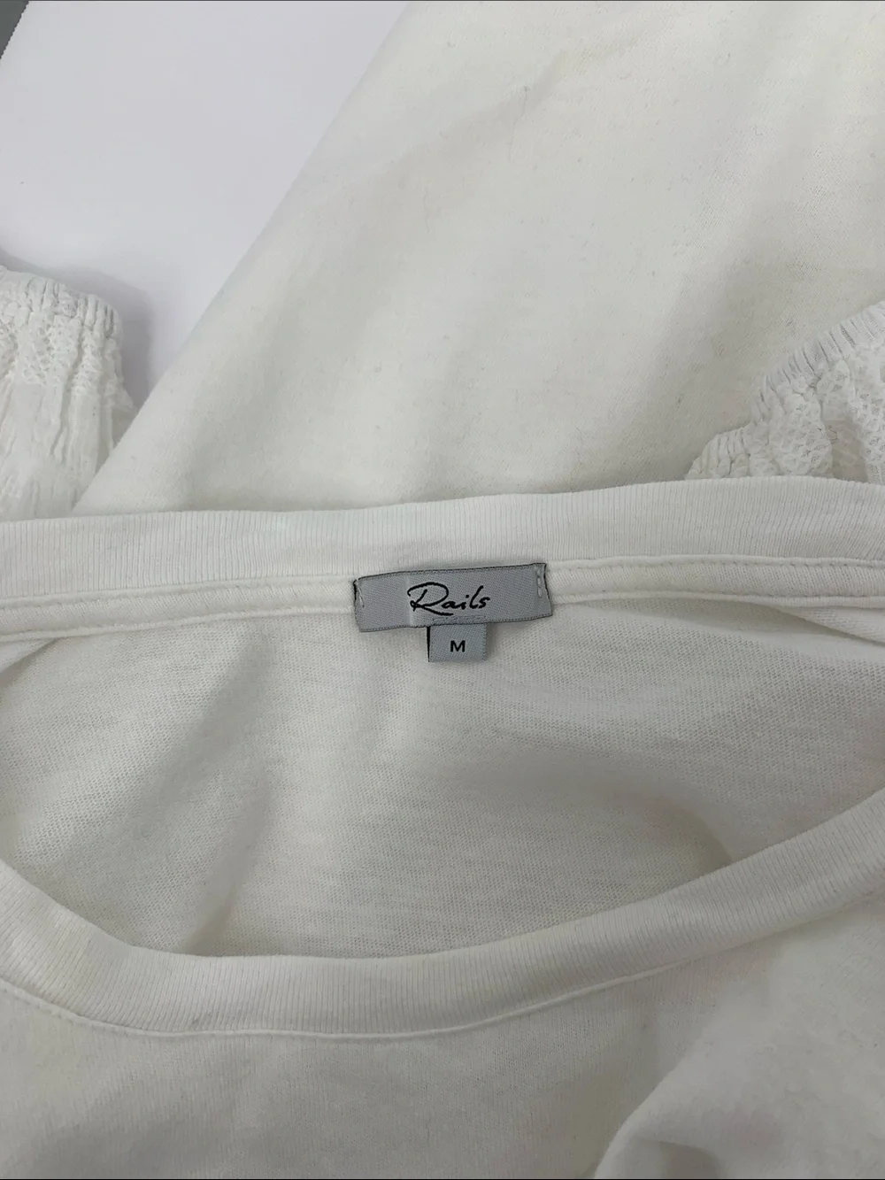 Rails Liza seersucker top white blouse shirt puffed short sleeve knit stretch M